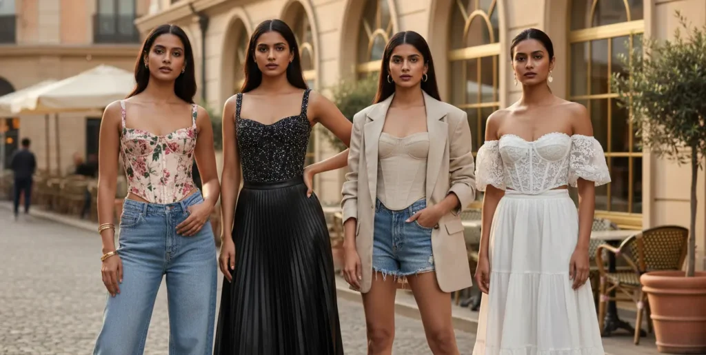 Stylish Indian women wearing trendy corset tops with denim, skirts, and neutral fashion outfits in a luxury street-style editorial photoshoot