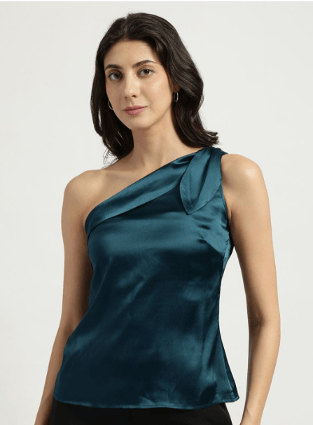 FableStreet Teal Satin Bow Tie One Shoulder Top — Most Refined Pick