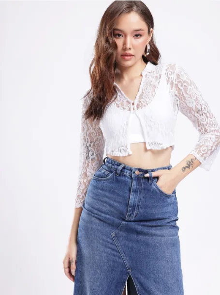  Glitchez Shirt-Style Sheer Lace Crop Top