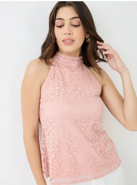Globus Halter Neck Self-Design Floral Lace Party Top