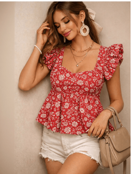 Lagashi Floral Print Flutter Sleeve Cotton Peplum Top