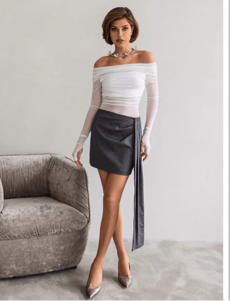OUTZIDR Ruched Semi-Sheer Bardot Top — Modern Glam Pick