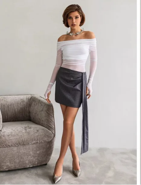 OUTZIDR Ruched Semi-Sheer Bardot Top — Modern Glam Pick