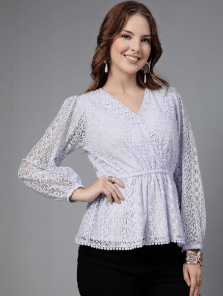 Style Quotient Puff Sleeve Lace Peplum Top
