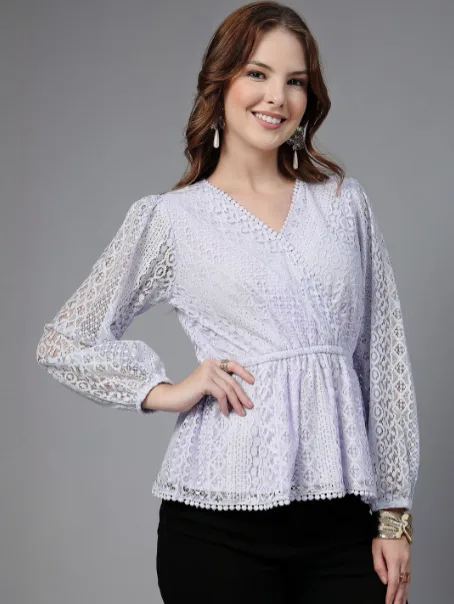 Style Quotient Puff Sleeve Lace Peplum Top
