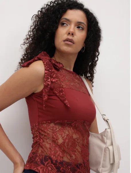 The Roadster Life Co. Floral Self-Design Bow Detail Ruched Lace Top