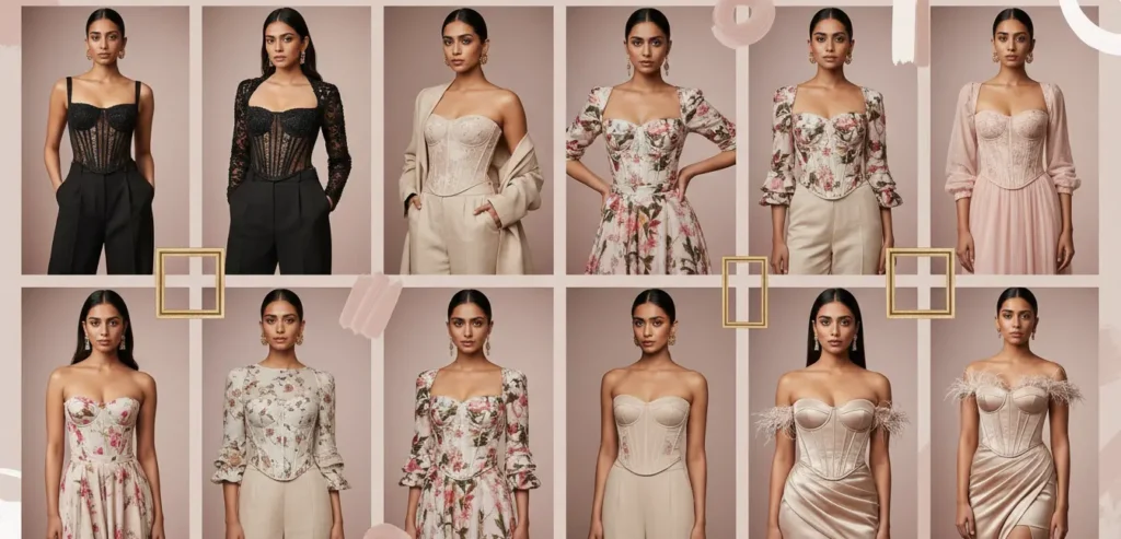 Fashion editorial collage featuring stylish corset tops for women including floral, neutral, embellished, and party wear corset styles in modern luxury fashion aesthetics