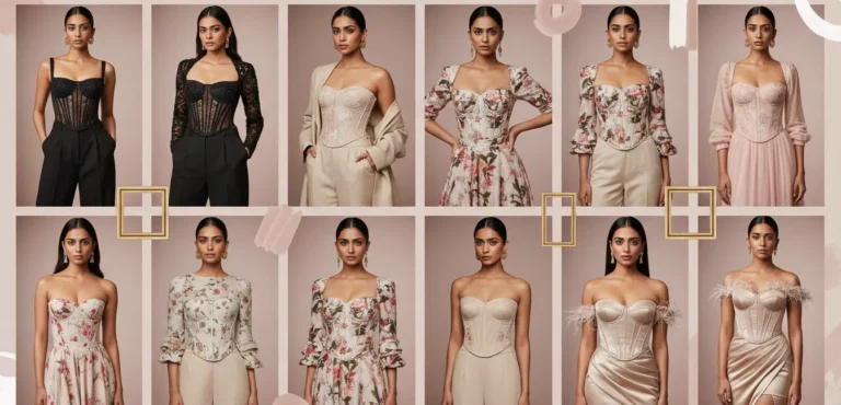 Fashion editorial collage featuring stylish corset tops for women including floral, neutral, embellished, and party wear corset styles in modern luxury fashion aesthetics