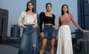 3 elegant women in fashion dress