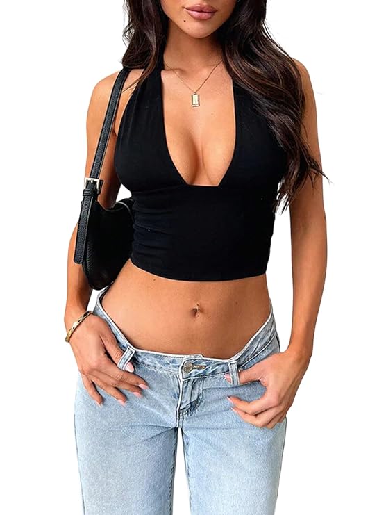 KATECLO Women's Sleeveless Backless Stretch Halter Top – Best Date Night Pick KATECLO Women's Sleeveless Backless Stretch Halter Top – Best Date Night Pick