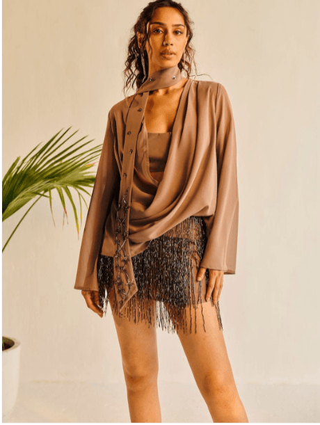 LEA Clothing Co. Cowl Neck Fringed Georgette Top
