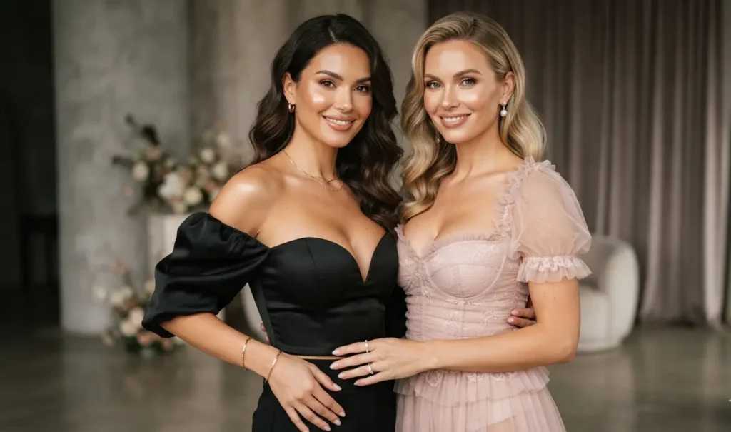 Women wearing elegant sweetheart neck tops in black and blush pink for party and western fashion styling