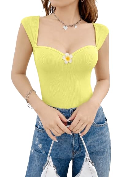 TIVANTE Solid Sweetheart Neck Flower Detail Top