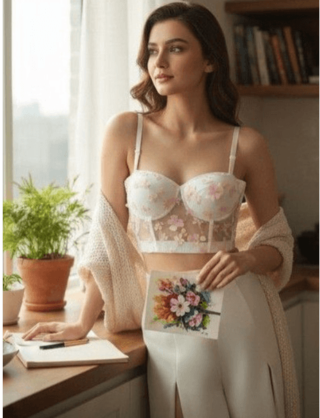 Awaglamm Fashion — Floral Embroidered Sweetheart Neck Net Bralette Crop Top
