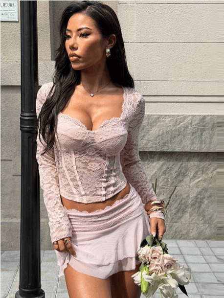 LULU & SKY Lace Top Long Sleeves Sweetheart Neck
