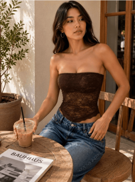 OOTDFY Embellished Lace Tube Crop Top