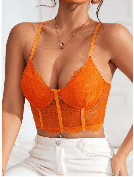 StyleCast Orange Floral Lace Crop Top with Sweetheart Neck