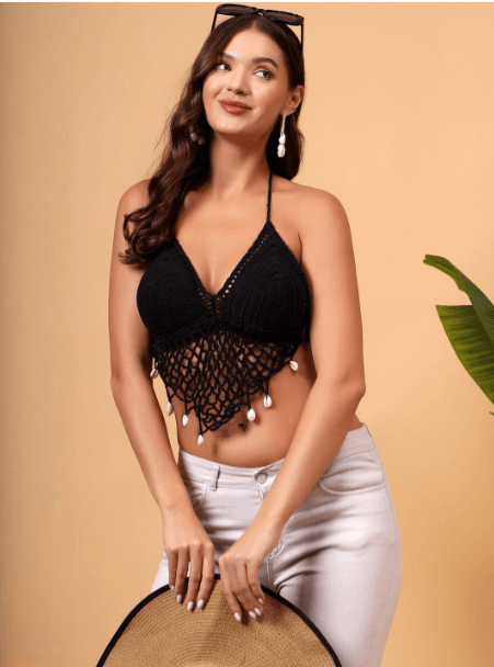 Velvery — Embellished Halter Neck Fringed Bohemian Bralette Crop Top