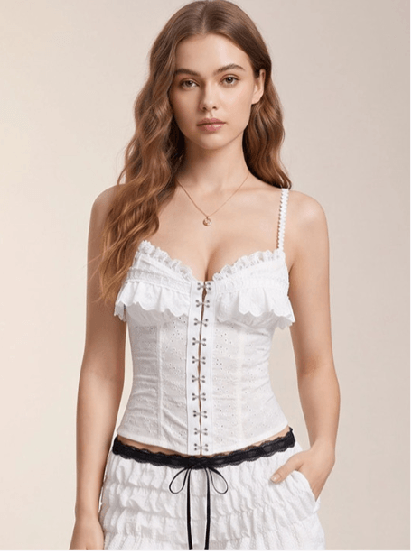 ATELIER REBEL Embellished Embroidered Sweetheart Neck Ruffles Crop Top ATELIER REBEL Embellished Embroidered Sweetheart Neck Ruffles Crop Top