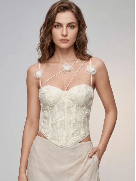 ATELIER REBEL Floral Embroidered Sweetheart Neck Applique Crop Top ATELIER REBEL Floral Embroidered Sweetheart Neck Applique Crop Top