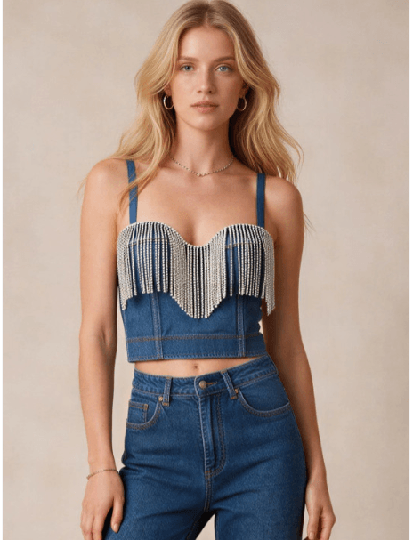 ATELIER REBEL Women Sweetheart Neck Fringed Denim Crop Top ATELIER REBEL Women Sweetheart Neck Fringed Denim Crop Top