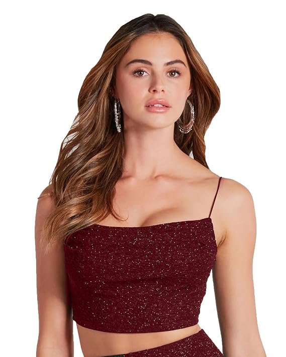 ADDYVERO maroon cowl neck glitter crop top for women