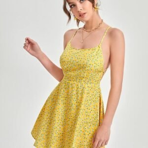 Aahwan yellow floral square neck fit and flare mini dress for women
