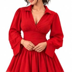 Aurovik ruby red V-neck wrap mini dress for women