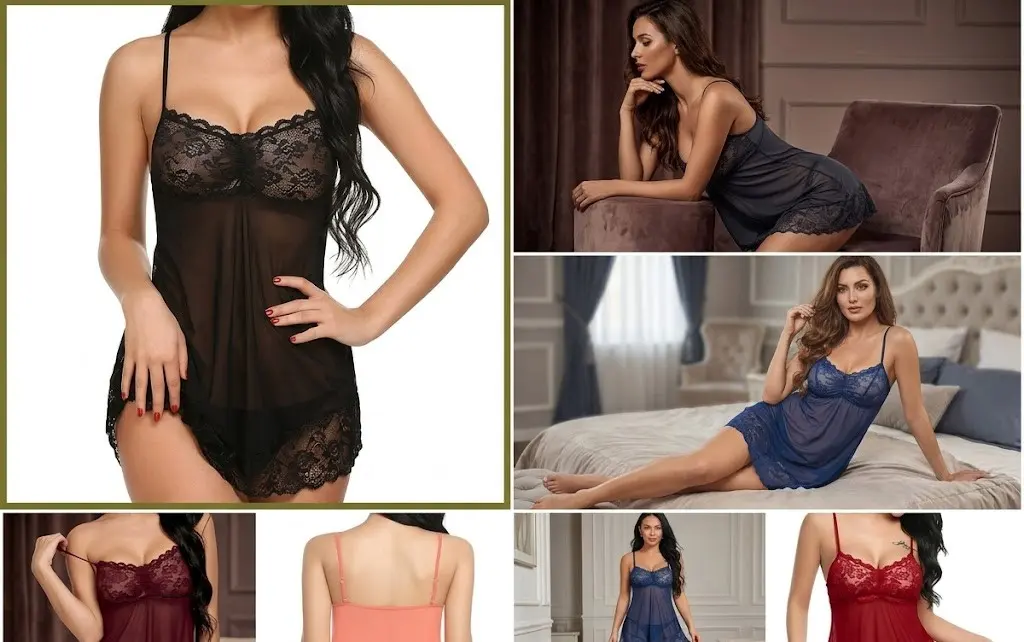 Babydoll Nightie with Panty – Floral Lace Bust, Sheer Mesh Skirt and Lace Hem