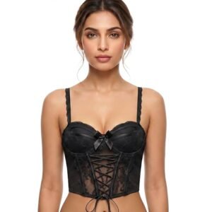 Khwaish black lace-up corset bralette with padded underwire cups for women