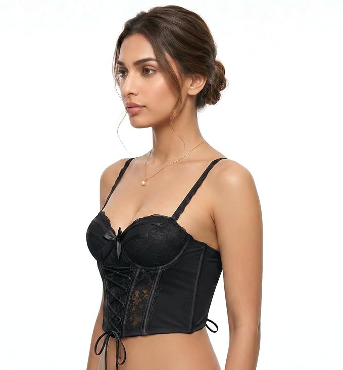 Khwaish black floral lace corset bralette front view