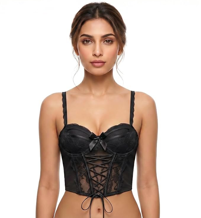 Khwaish black lace-up corset bralette with padded underwire cups for women