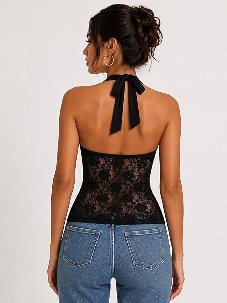 OOTDFY black lace halter backless crop top