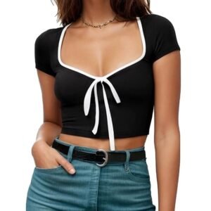 black tie front crop top with white bow and contrast trim