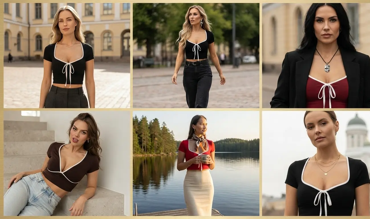 Black Tie Front Crop Top with Contrast Trim – Short Sleeve Ribbed Top
