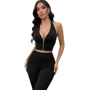 black zip front halter crop top with deep V neckline