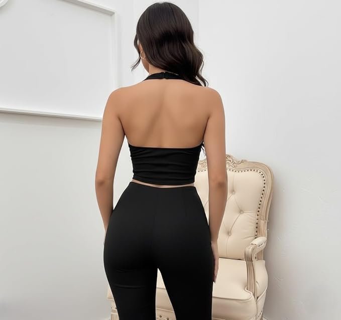 Black zip front halter crop top back view