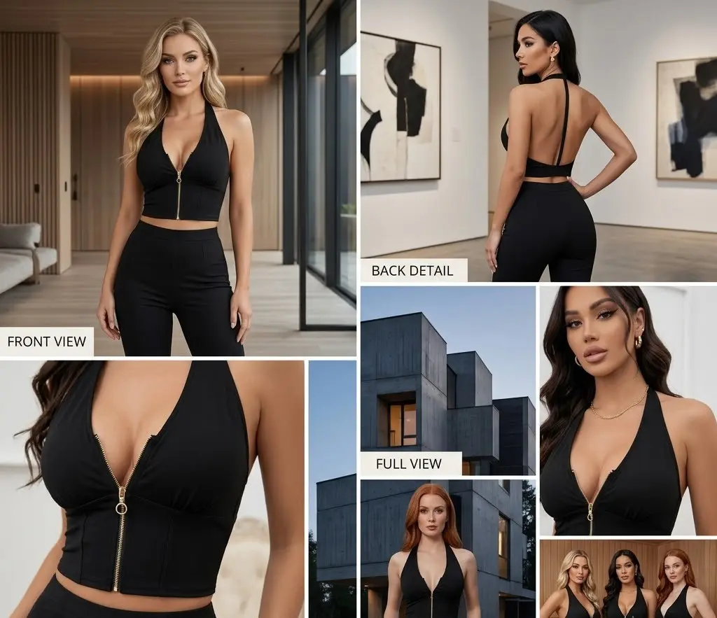 Black Zip Front Halter Crop Top – Deep V Backless Party Top