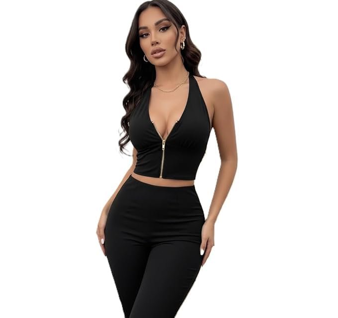 black zip front halter crop top with deep V neckline
