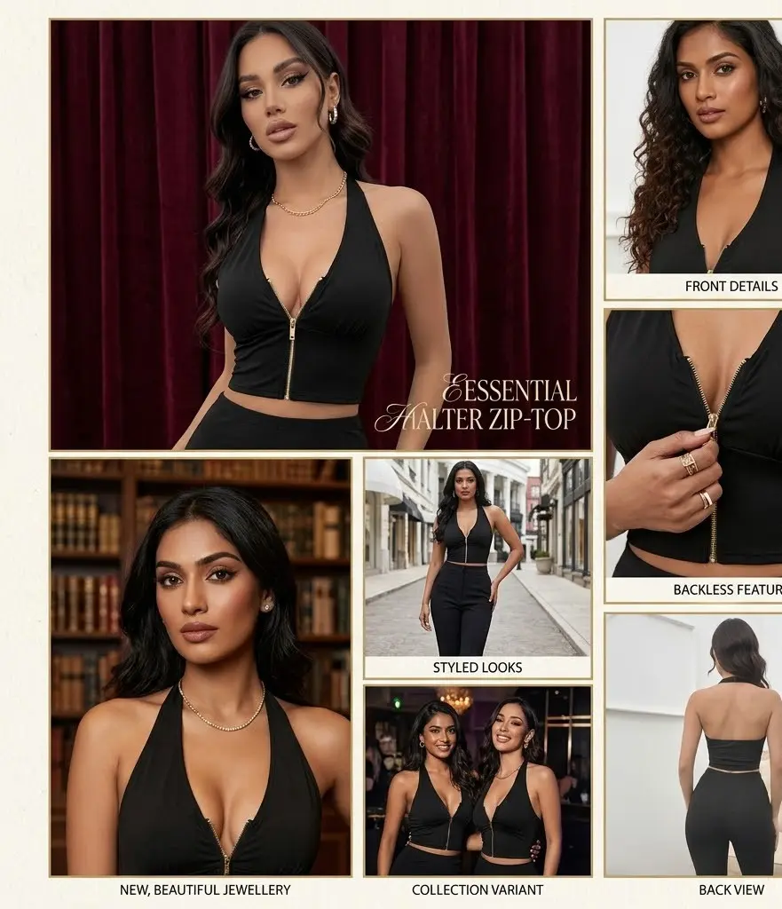 Black Zip Up Halter Top-backless top for women
