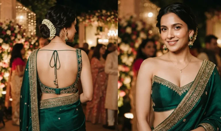 Bra for backless blouse guide: back view of a woman in a backless saree blouse at a wedding, no straps showing