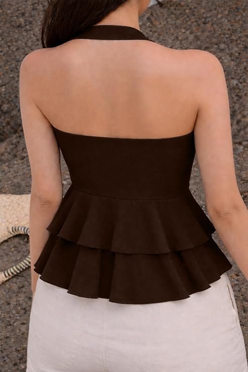 TIVANTE brown halter neck peplum top back view