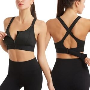 Celary black front zip sports bra for women with cross-back straps