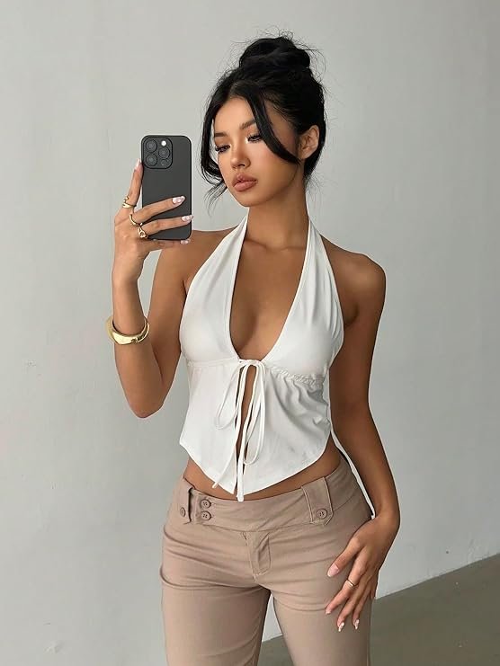 KATECLO white deep V backless halter crop top front view