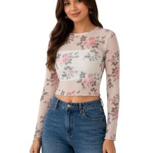 white floral mesh crop top with full sleeves styled with blue jeans