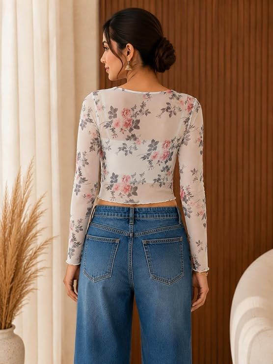 THUMBA ENTERPRISE floral mesh crop top back view
