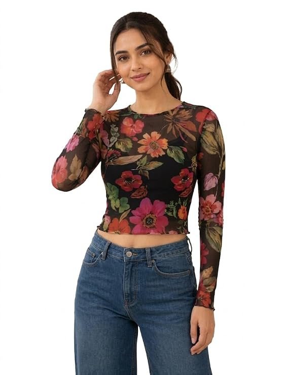 THUMBA ENTERPRISE black floral mesh crop top with full sleeves