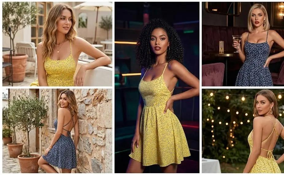 Floral Mini Dress – Ditsy Floral Fit and Flare Dress with Lace-Up Backless