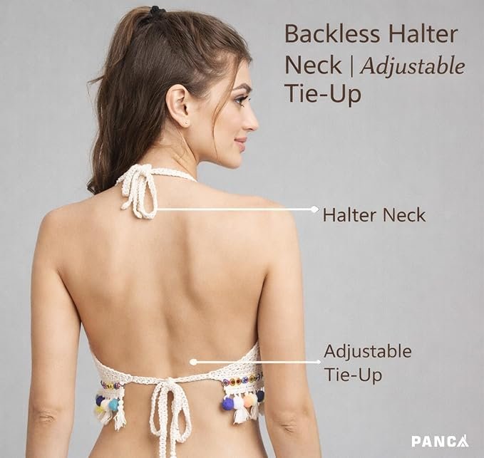 Panca crochet halter crop top back view with tie-up neck