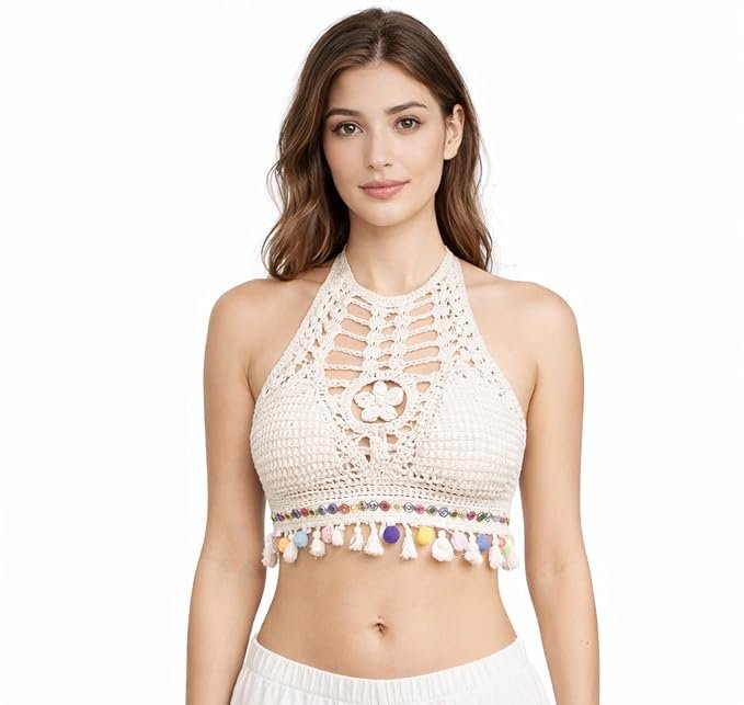Panca high neck crochet halter crop top for women